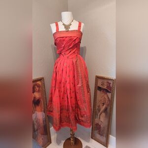 1950s Cotton Tomato red & Gold Chic Straps Or Strapless Red Midi Dress